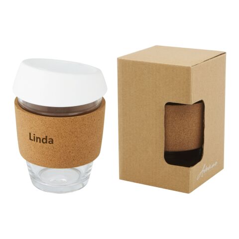Vaso de vidrio borosilicato de 360 ml con agarre de corcho y tapa de silicona &quot;Lidan&quot; Estándar | Blanco | sin montaje de publicidad | no disponible | no disponible