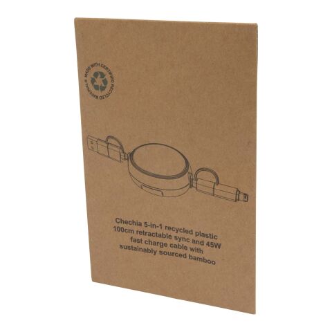 Cable retráctil 5 en 1 de plástico reciclado de 100 cm para sincronización de datos y carga rápida de 45 W con detalles de bambú &quot;Chechia&quot; Estándar | blanco | sin montaje de publicidad | no disponible | no disponible