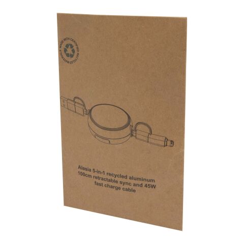 Cable retráctil 5 en 1 de 100 cm de plástico reciclado y aluminio para sincronización de datos y carga rápida de 45 W &quot;Alasia&quot; Estándar | Plateado | sin montaje de publicidad | no disponible | no disponible