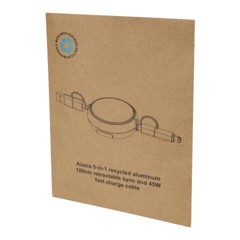 Cable retráctil 5 en 1 de 100&nbsp;cm de plástico reciclado y aluminio para sincronización de datos y carga rápida de 45&nbsp;W "Alasia" Estándar | Negro intenso | sin montaje de publicidad | no disponible | no disponible