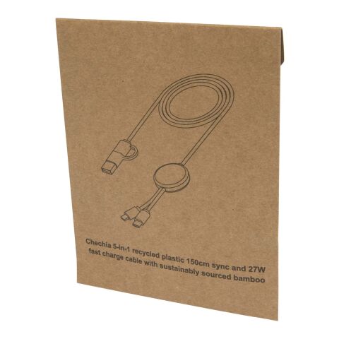 Cable 5 en 1 de plástico reciclado de 150 cm para sincronización de datos y carga rápida de 27 W con detalles de bambú &quot;Chechia&quot; Estándar | negro | sin montaje de publicidad | no disponible | no disponible