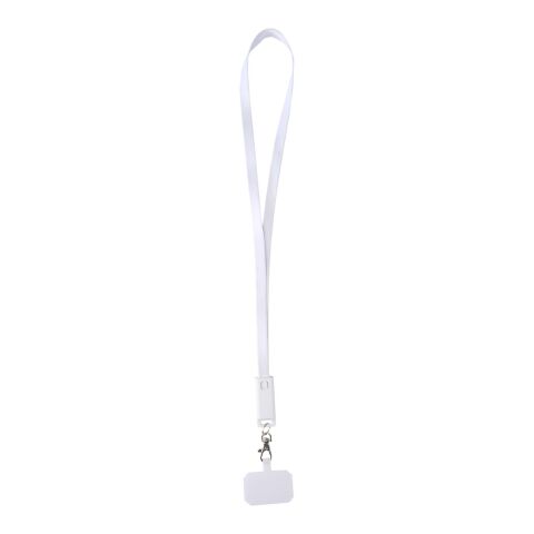 Lanyard de plástico reciclado para smartphone con sincronización de datos integrada y cable 5 en 1 de carga rápida de 65 W &quot;Franz&quot; Estándar | Blanco | sin montaje de publicidad | no disponible | no disponible | no disponible