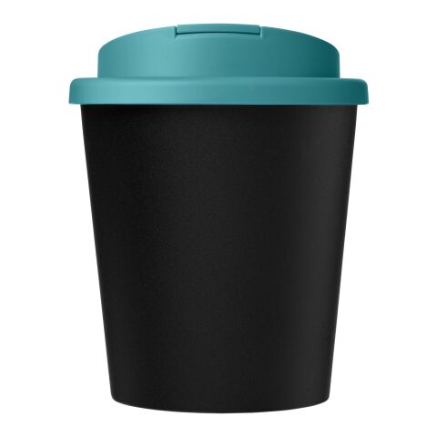 Vaso reciclado de 250&nbsp;ml con tapa antigoteo "Americano® Espresso Eco" Negro intenso-Azul aqua | sin montaje de publicidad | no disponible | no disponible
