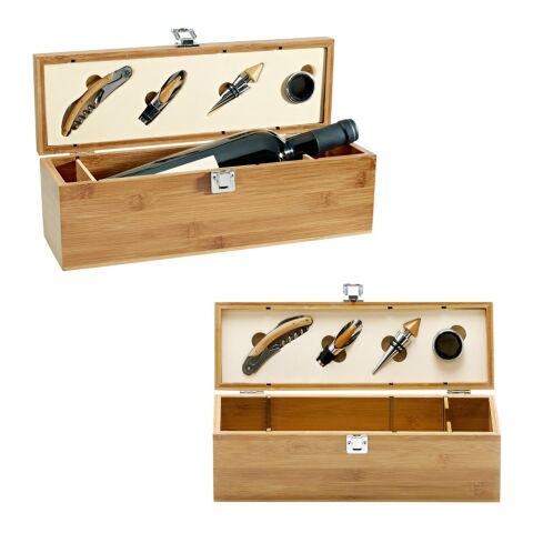 SYRAH. Set de vino suministrado en caja, fabricado en bambú, zinc y acero inoxidable Beige | sin montaje de publicidad