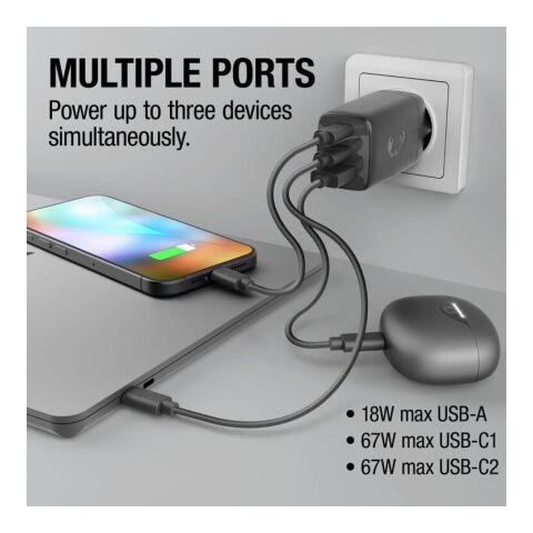 Fresh 'n Rebel cargador rápido para portátil 67W GaN USB-C y USB-A gris oscuro
