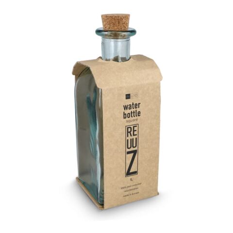 Botella cuadrada de vidrio reciclado InSideOut ReuuZ con tapón de corcho, 1 l Transparente
