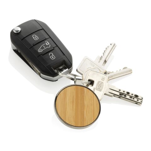 Llavero redondo de aleación de zinc reciclado RCS con bambú plata-marron | sin montaje de publicidad | no disponible | no disponible