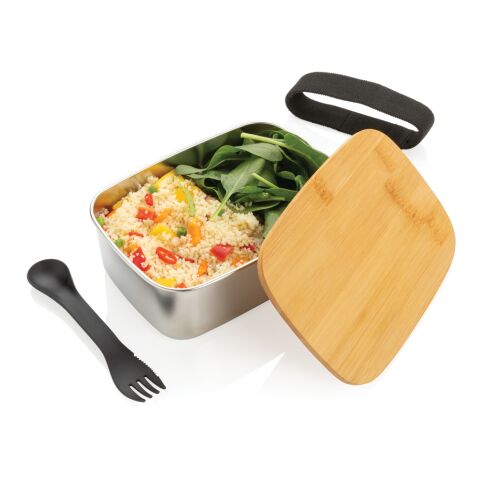 Fiambrera de acero inoxidable con tapa de bambú y cubiertos plata | sin montaje de publicidad | no disponible | no disponible
