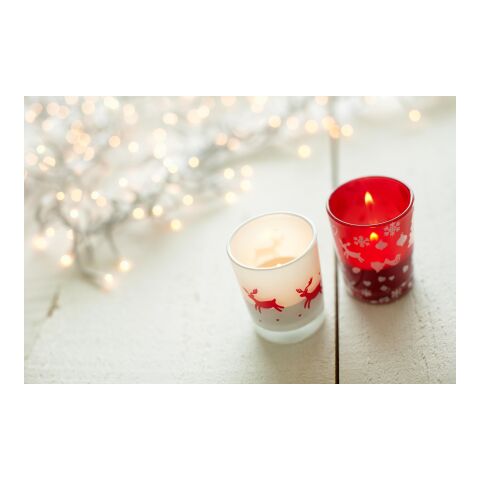 Vaso de cristal con vela y decorado navideño. rojo | sin montaje de publicidad