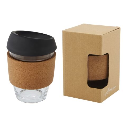 Vaso de vidrio borosilicato de 360 ml con agarre de corcho y tapa de silicona "Lidan" Negro intenso