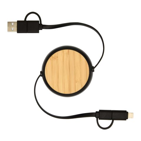 Cable retráctil 5 en 1 de plástico reciclado de 100 cm para sincronización de datos y carga rápida de 45 W con detalles de bambú &quot;Chechia&quot; Estándar | Negro intenso | sin montaje de publicidad | no disponible | no disponible