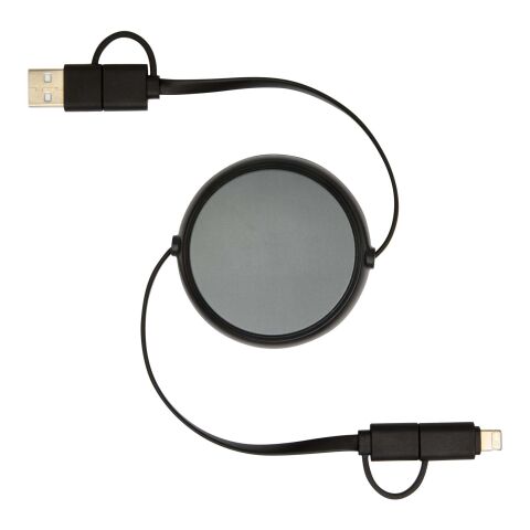 Cable retráctil 5 en 1 de 100&nbsp;cm de plástico reciclado y aluminio para sincronización de datos y carga rápida de 45&nbsp;W "Alasia" Estándar | Negro intenso | sin montaje de publicidad | no disponible | no disponible