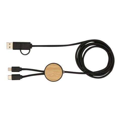 Cable 5 en 1 de plástico reciclado de 150 cm para sincronización de datos y carga rápida de 27 W con detalles de bambú &quot;Chechia&quot; Estándar | negro | sin montaje de publicidad | no disponible | no disponible