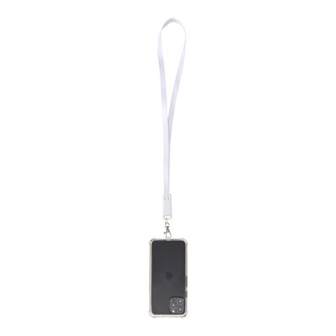 Lanyard de plástico reciclado para smartphone con sincronización de datos integrada y cable 5 en 1 de carga rápida de 65 W &quot;Franz&quot; Estándar | Blanco | sin montaje de publicidad | no disponible | no disponible | no disponible