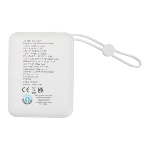 Batería externa para tableta de 10 000 mAh y 35 W con cable tipo C integrado y fabricada con plástico reciclado &quot;Acrux&quot; Estándar | Blanco | sin montaje de publicidad | no disponible | no disponible