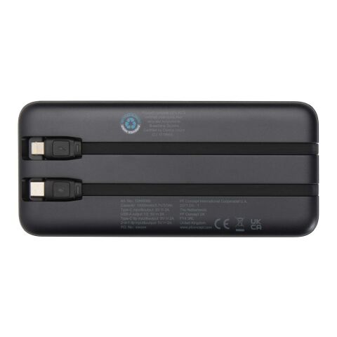 Batería externa de plástico reciclado de 10&nbsp;000&nbsp;mAh y 10&nbsp;W con 2 cables integrados "Adhil" Estándar | Negro intenso | sin montaje de publicidad | no disponible | no disponible