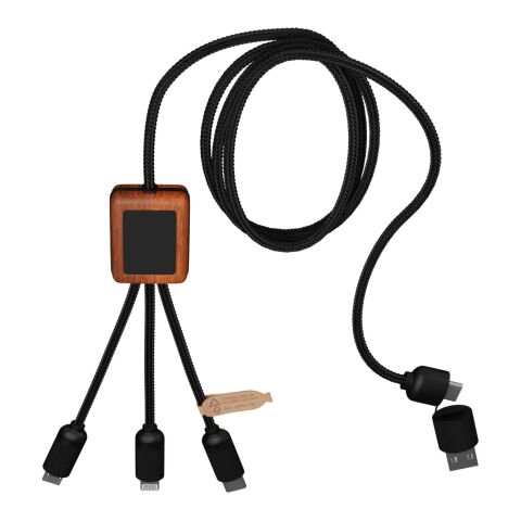 Cable de carga 3 en 1 de PET reciclado con logo retroiluminado y estuche cuadrado de madera "SCX.design C38" Estándar | Negro intenso-Madera | sin montaje de publicidad | no disponible | no disponible