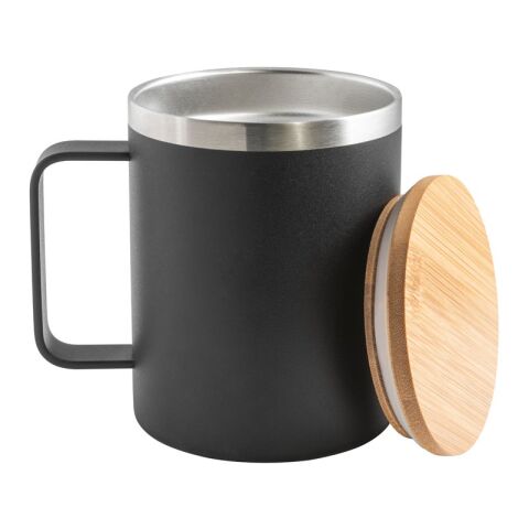 LAUDA. Taza de acero inoxidable 90% reciclado con tapa de bambú 420 mL Negro | sin montaje de publicidad