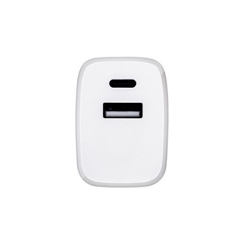 WEGENER. Adaptador de corriente con puerto USB-A de 18 W y USB-C de 20 W en ABS reciclado (100% rABS) Blanco | sin montaje de publicidad