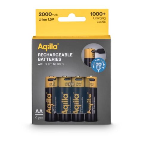 Paquete de 4 pilas AA recargables Aqiila con conexión USB-C de 2000 mAh Negro