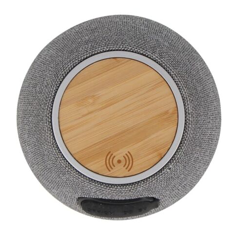 Altavoz de 5W y cargador inalámbrico de 15W R_PET &amp; Bamboo Gris | Impresión Digital | top | Ø 55 mm | no disponible