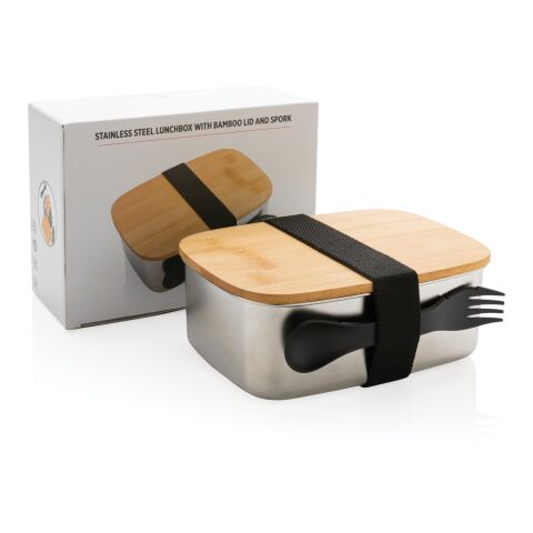 Fiambrera de acero inoxidable con tapa de bambú y cubiertos plata | sin montaje de publicidad | no disponible | no disponible