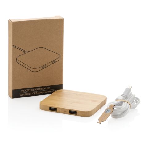 Cargador inalámbrico de 5W de bambú certificado FSC® con USB marron | sin montaje de publicidad | no disponible | no disponible