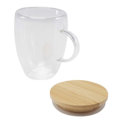 Taza de vidrio de 350 ml con tapa de bambú &quot;Leona&quot; Estándar | Blanco | sin montaje de publicidad | no disponible | no disponible