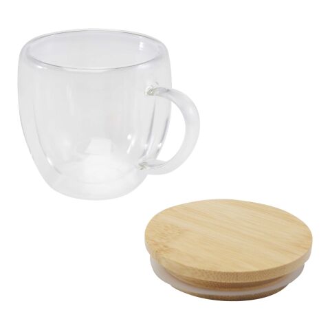 Taza de vidrio de 250 ml con tapa de bambú &quot;Lenora&quot; Estándar | Blanco | sin montaje de publicidad | no disponible | no disponible