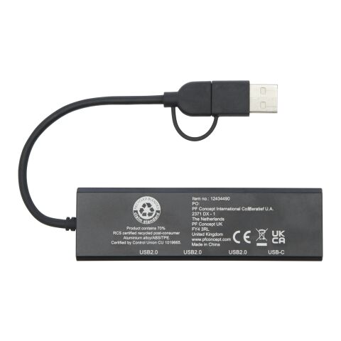 Hub USB 2.0 de aluminio reciclado con certificación RCS &quot;Rise&quot; Estándar | Negro | sin montaje de publicidad | no disponible | no disponible