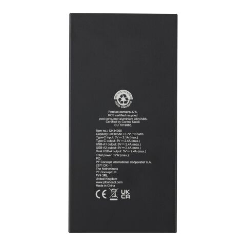 Batería externa de 5000 mAh en aluminio reciclado con certificación RCS &quot;Connect&quot; Estándar | Negro | sin montaje de publicidad | no disponible | no disponible