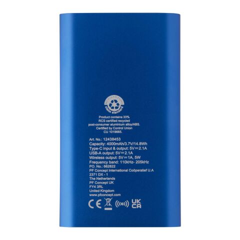 Batería externa inalámbrica tipo C de aluminio reciclado de 4000 mAh "Juice" Azul real