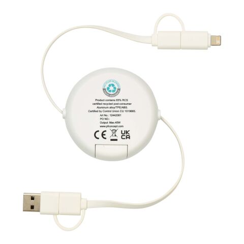 Cable retráctil 5 en 1 de 100 cm de plástico reciclado y aluminio para sincronización de datos y carga rápida de 45 W &quot;Alasia&quot; Estándar | Plateado | sin montaje de publicidad | no disponible | no disponible