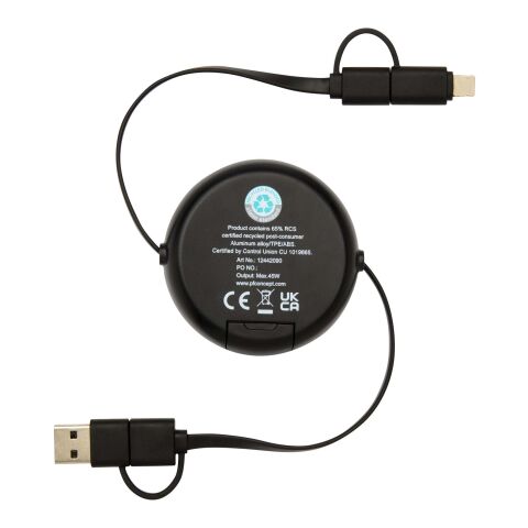 Cable retráctil 5 en 1 de 100&nbsp;cm de plástico reciclado y aluminio para sincronización de datos y carga rápida de 45&nbsp;W "Alasia" Estándar | Negro intenso | sin montaje de publicidad | no disponible | no disponible
