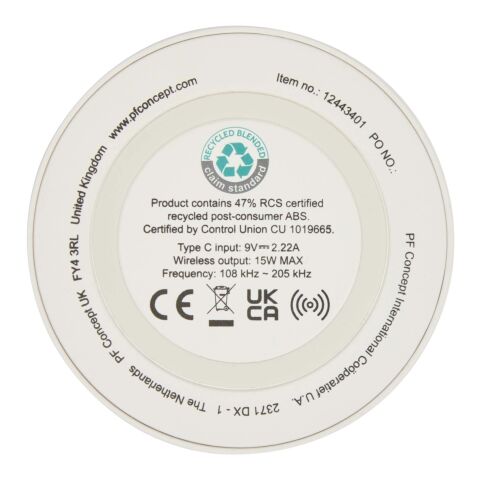 Base de carga inalámbrica de plástico reciclado de 15 W &quot;Freal&quot; Estándar | blanco | sin montaje de publicidad | no disponible | no disponible