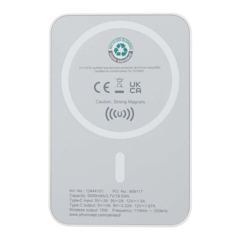 Batería externa inalámbrica magnética de 5000&nbsp;mAh y 15&nbsp;W con PD de 20&nbsp;W fabricada con plástico reciclado "Acrab" Estándar | Blanco | sin montaje de publicidad | no disponible | no disponible