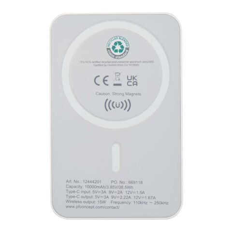 Batería externa inalámbrica magnética de 10 000 mAh y 15 W con PD de 20 W fabricada con plástico reciclado &quot;Acrab&quot; Estándar | Blanco | sin montaje de publicidad | no disponible | no disponible