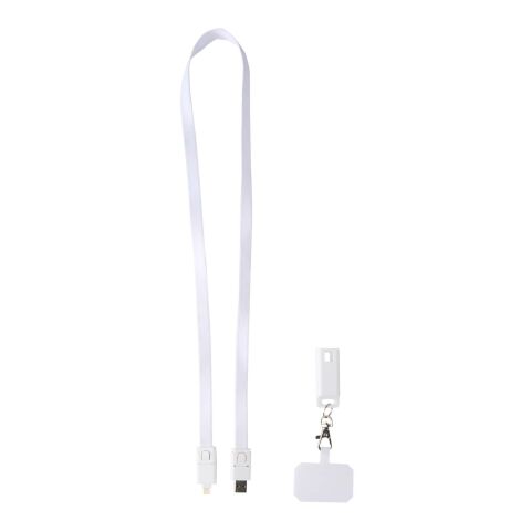 Lanyard de plástico reciclado para smartphone con sincronización de datos integrada y cable 5 en 1 de carga rápida de 65 W &quot;Franz&quot; Estándar | Blanco | sin montaje de publicidad | no disponible | no disponible | no disponible