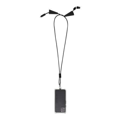 Lanyard de plástico reciclado para smartphone con sincronización de datos integrada y cable 5 en 1 de carga rápida de 100 W &quot;Funi&quot; Estándar | Negro intenso | sin montaje de publicidad | no disponible | no disponible