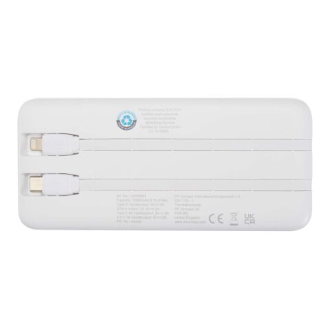 Batería externa de plástico reciclado de 10 000 mAh y 10 W con 2 cables integrados &quot;Adhil&quot; Estándar | Blanco | sin montaje de publicidad | no disponible | no disponible