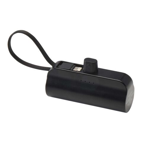 Batería externa tipo-C de plástico reciclado de 5000&nbsp;mAh y 10&nbsp;W con soporte abatible incorporado y cable 2 en 1 "Alnair" Negro intenso