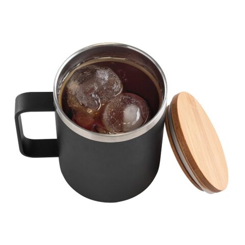 LAUDA. Taza de acero inoxidable 90% reciclado con tapa de bambú 420 mL Negro | sin montaje de publicidad