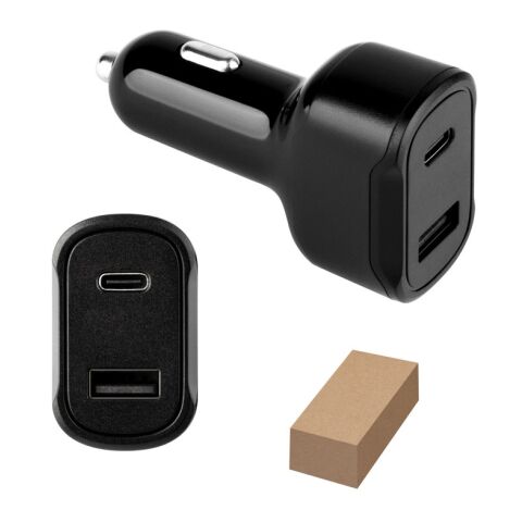 DIRAC. Adaptador para mechero con puerto USB-A de 18 W y USB-C de 20 W en 100% rABS Negro | sin montaje de publicidad