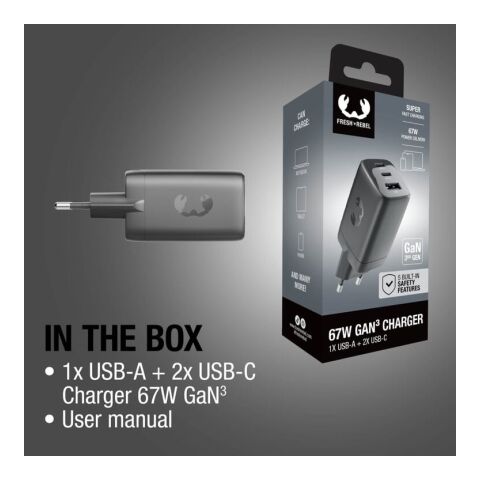 Fresh 'n Rebel cargador rápido para portátil 67W GaN USB-C y USB-A gris oscuro | sin montaje de publicidad | no disponible | no disponible