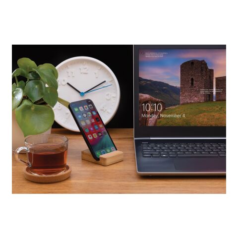 Soporte de bambú para teléfono marron | sin montaje de publicidad | no disponible | no disponible