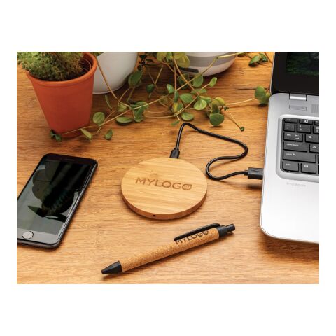 Cargador inalámbrico redondo de 5W de bambú certificado FSC® marron | sin montaje de publicidad | no disponible | no disponible