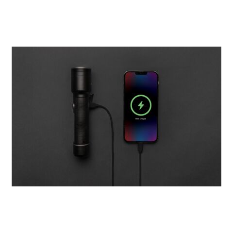 Linterna resistente recargable USB de aluminio reciclado RCS negro | sin montaje de publicidad | no disponible | no disponible