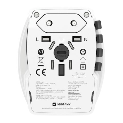 Adaptador de viaje mundial SKROSS MUV 65W PD con cable C USB blanco | sin montaje de publicidad | no disponible | no disponible