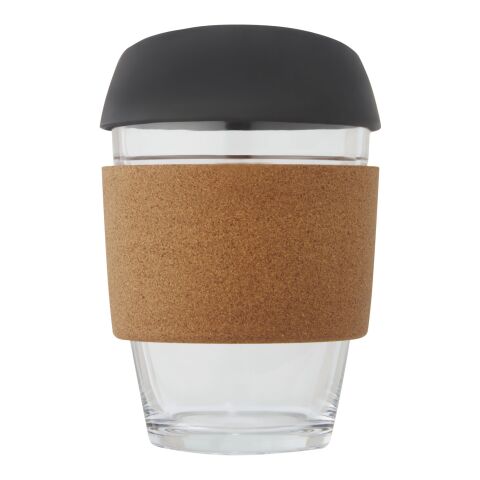 Vaso de vidrio borosilicato de 360 ml con agarre de corcho y tapa de silicona "Lidan" Negro intenso