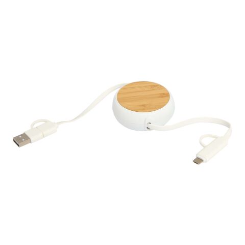 Cable retráctil 5 en 1 de plástico reciclado de 100 cm para sincronización de datos y carga rápida de 45 W con detalles de bambú &quot;Chechia&quot; Estándar | blanco | sin montaje de publicidad | no disponible | no disponible